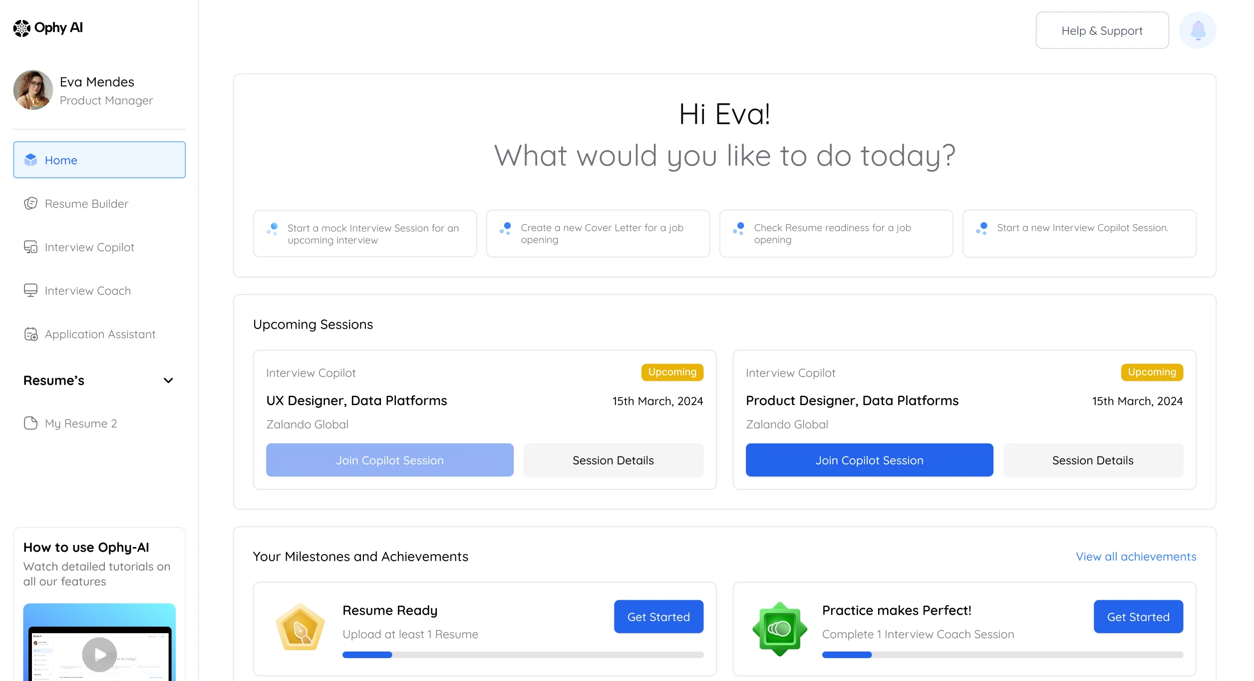 OphyAI Dashboard - AI-powered interview preparation platform